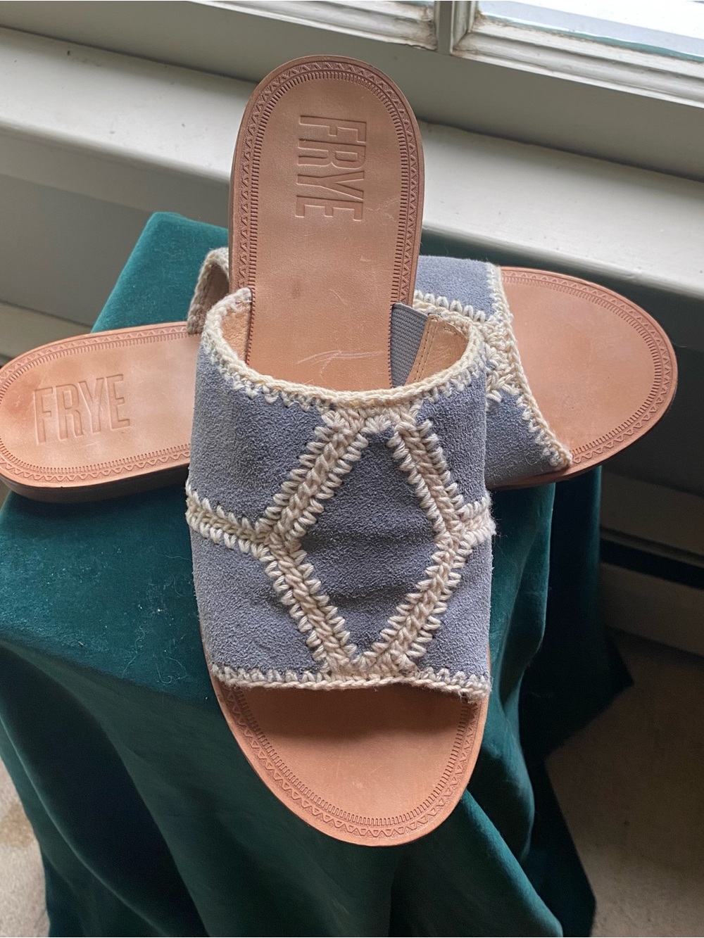 Frye Slate Blue Suede Crochet Slide Sandals with Tan Leather Footbed